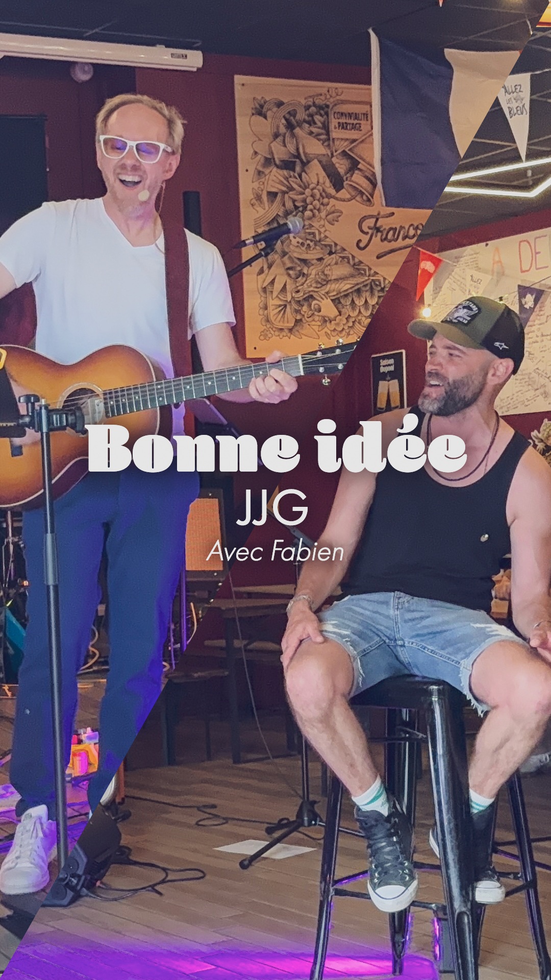 Sur Bonne idée de Jean-Jacques Goldman, Fabien, le chanteur du groupe qui jouait après moi (@six_roses_band), est venu me rejoindre spontanément pour une deuxième voix. Merci pour ce beau moment.

Petit clin d'œil au live de 1998, avec l'hommage à Dédé Mallet, responsable depuis toujours de la sécurité des concerts de JJG disparu pendant cette tournée.

#bonneidee #JeanJacquesGoldman #cover