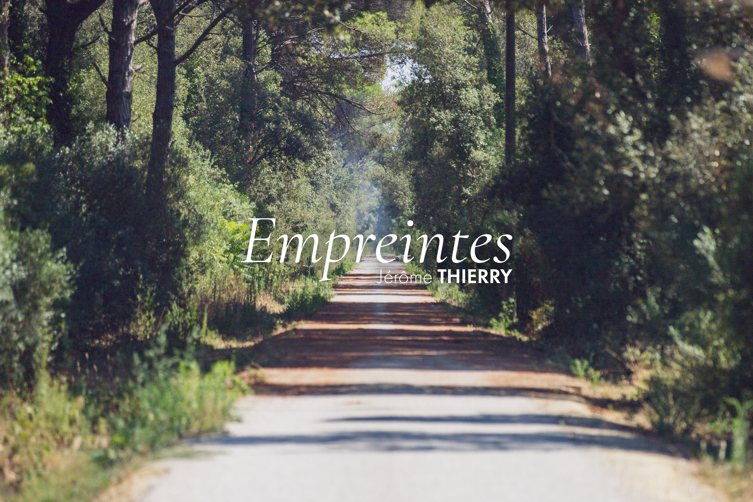 Pochette du single ยซ Empreintes ยป de Jรฉrรดme THIERRY. Un chemin sans fin, bordรฉ d'arbre sous le soleil